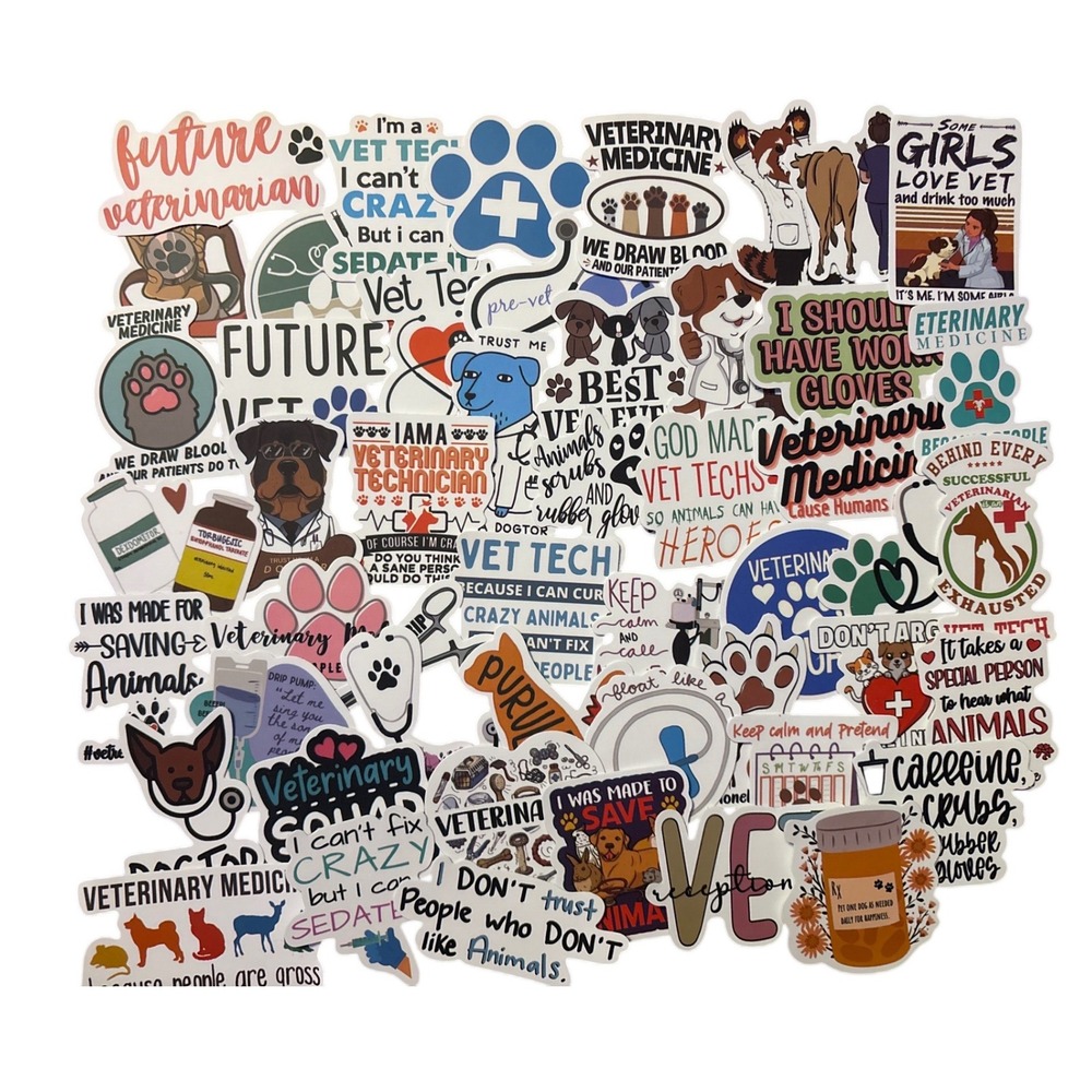 NEW 50pc Veterinary Vet Tech Vinyl Sticker Pack Animal Medicine Decals